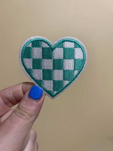 Checkered heart teal trucker hat iron on patch