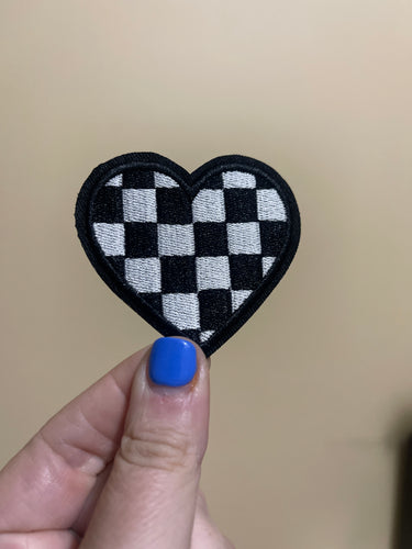 Checkered heart black trucker hat iron on patch