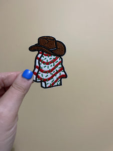 Christmas tree cake with cowboy trucker hat iron on patch